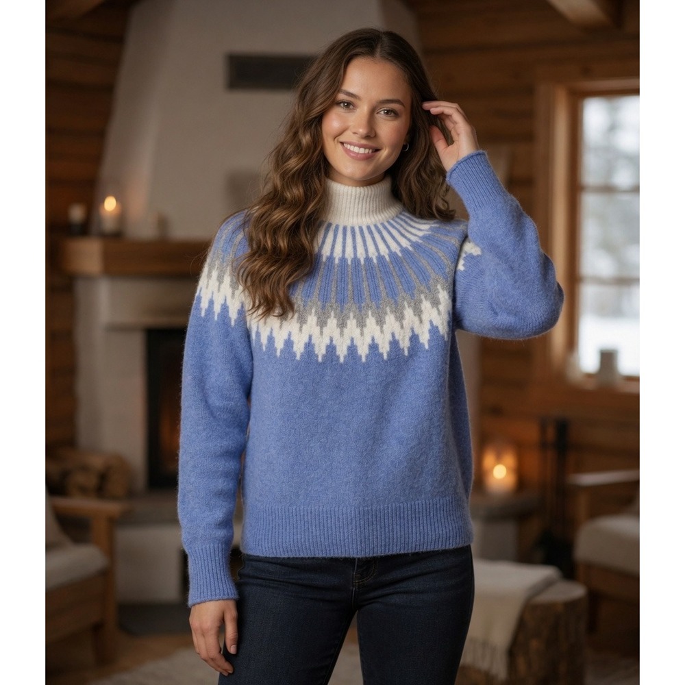 J.Crew Womens Fair Isle Mockneck‎ Sweater Blue Merino Alpaca Blend BV370 Sz XXS